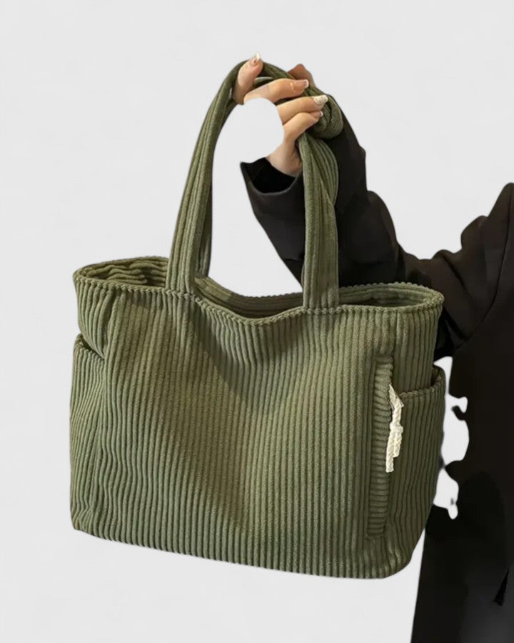 Women's Structured Corded Tote Bag with Dual Outer Pockets
