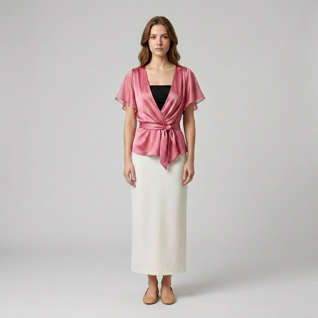 Blush Satin Wrap-Tie Flutter Sleeve Blouse