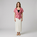 Blush Satin Wrap-Tie Flutter Sleeve Blouse