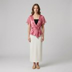 Blush Satin Wrap-Tie Flutter Sleeve Blouse