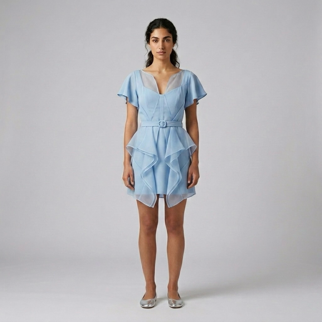 Belted Cascade Hem Mini Dress