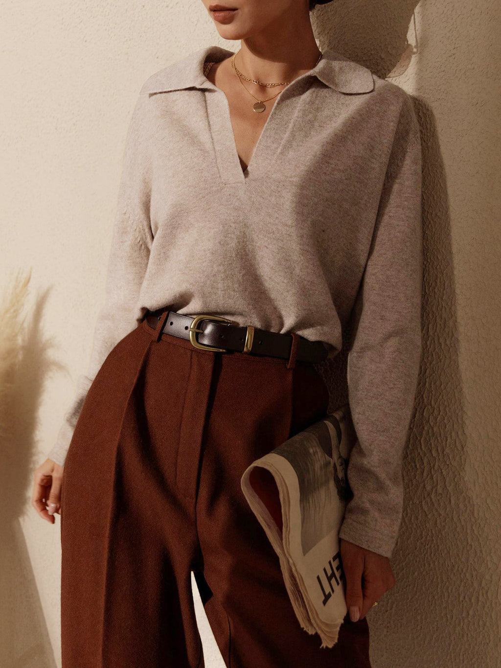Women's Knit Collared V-Neck Sweater