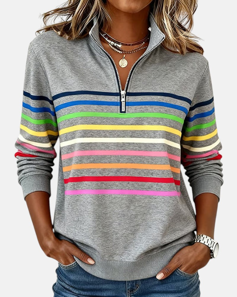 Unisex Striped Zip-Neck Sweatshirt, Ribbed Cuffs