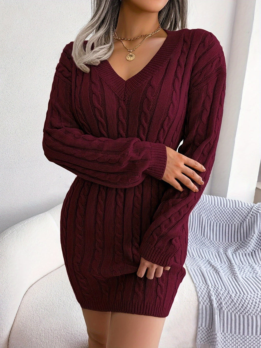 Women's Cable-Knit Sweater Dress, Cinched Waist – view 3