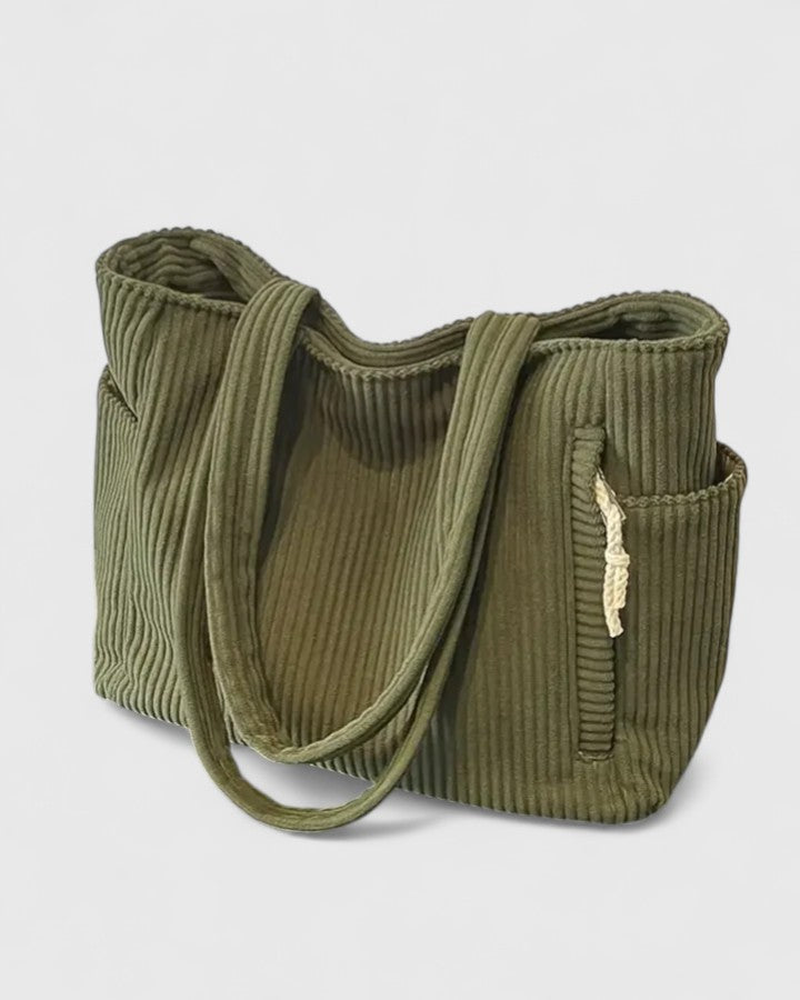 Women's Structured Corded Tote Bag with Dual Outer Pockets