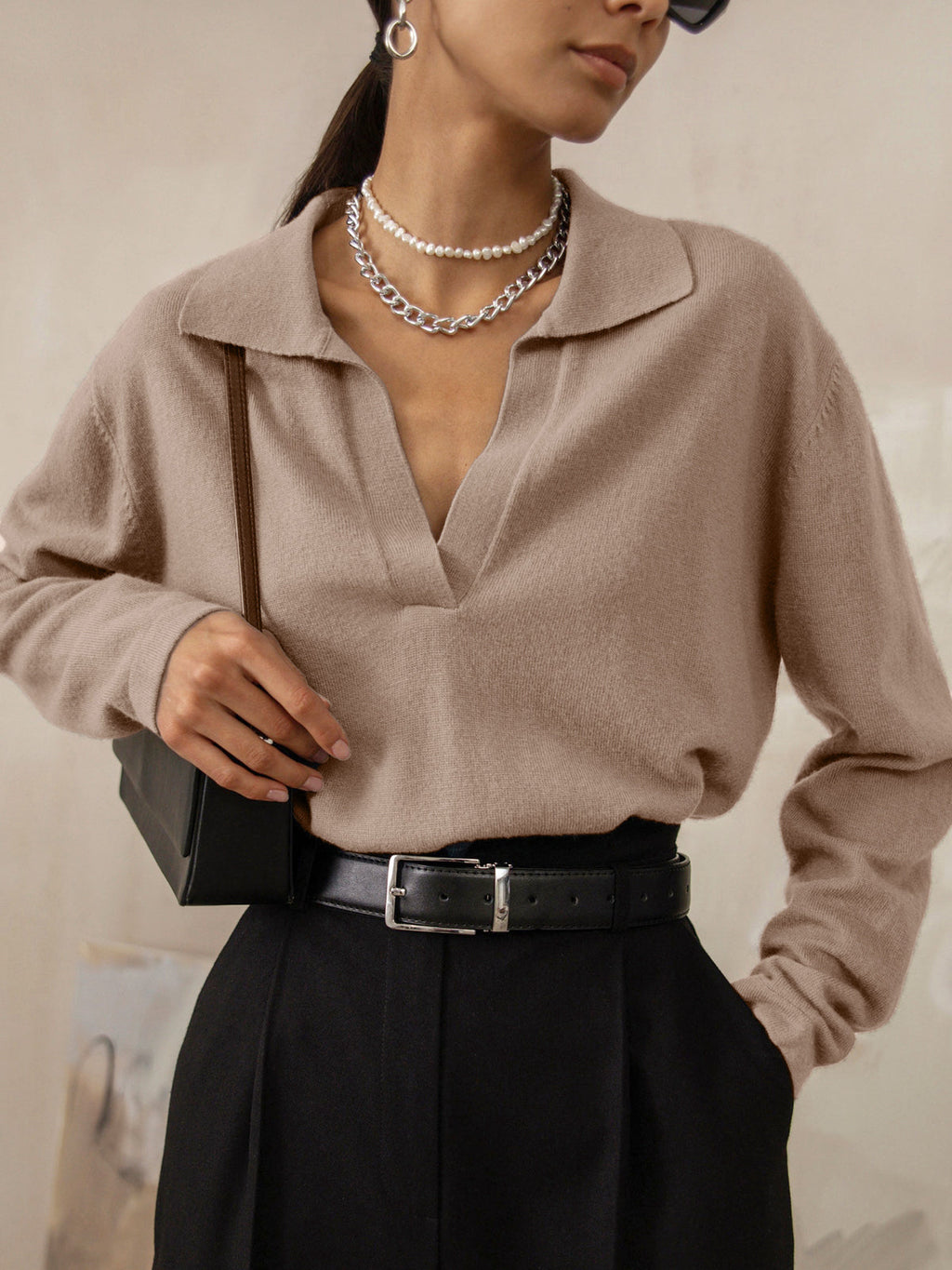 Women's Knit Collared V-Neck Sweater