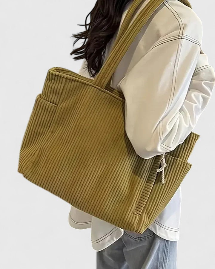 Women's Structured Corded Tote Bag with Dual Outer Pockets