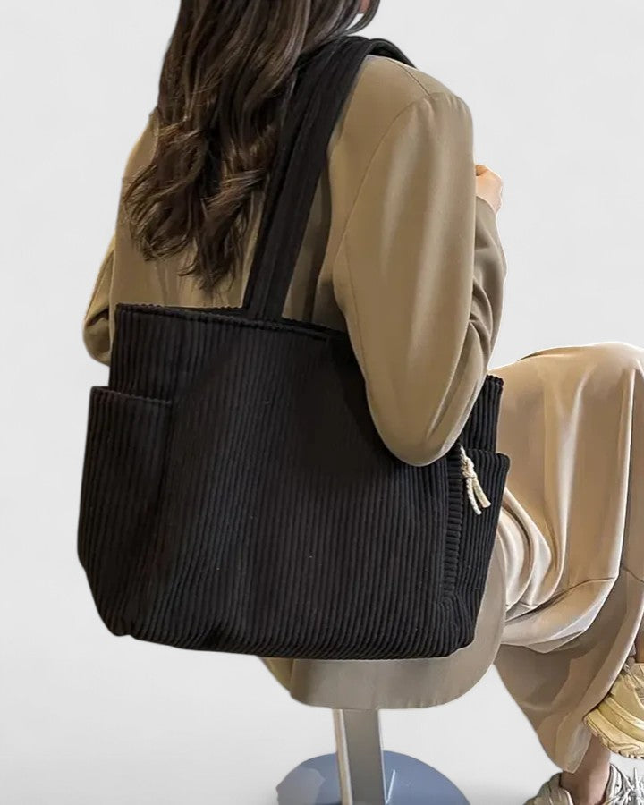 Women's Structured Corded Tote Bag with Dual Outer Pockets