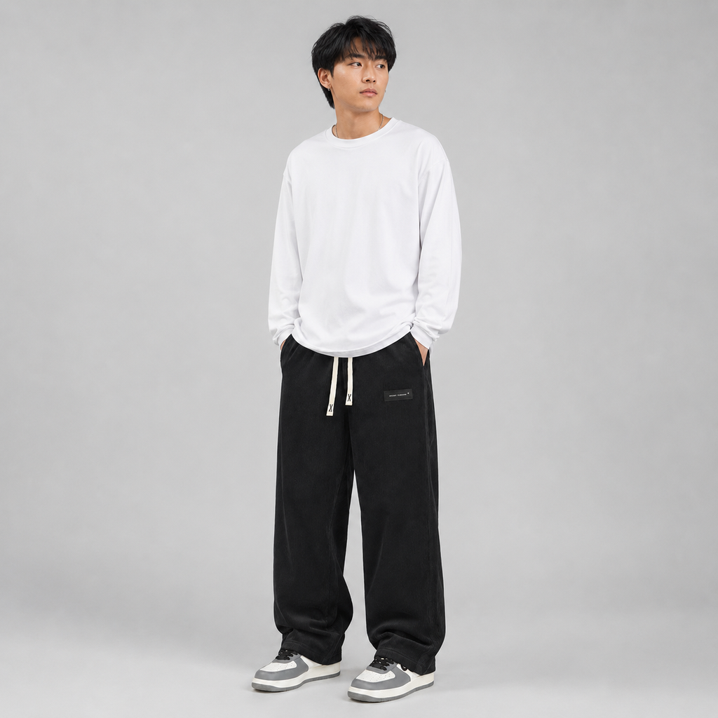 Men's Wide-Leg Corduroy Trousers, Drawstring Waist