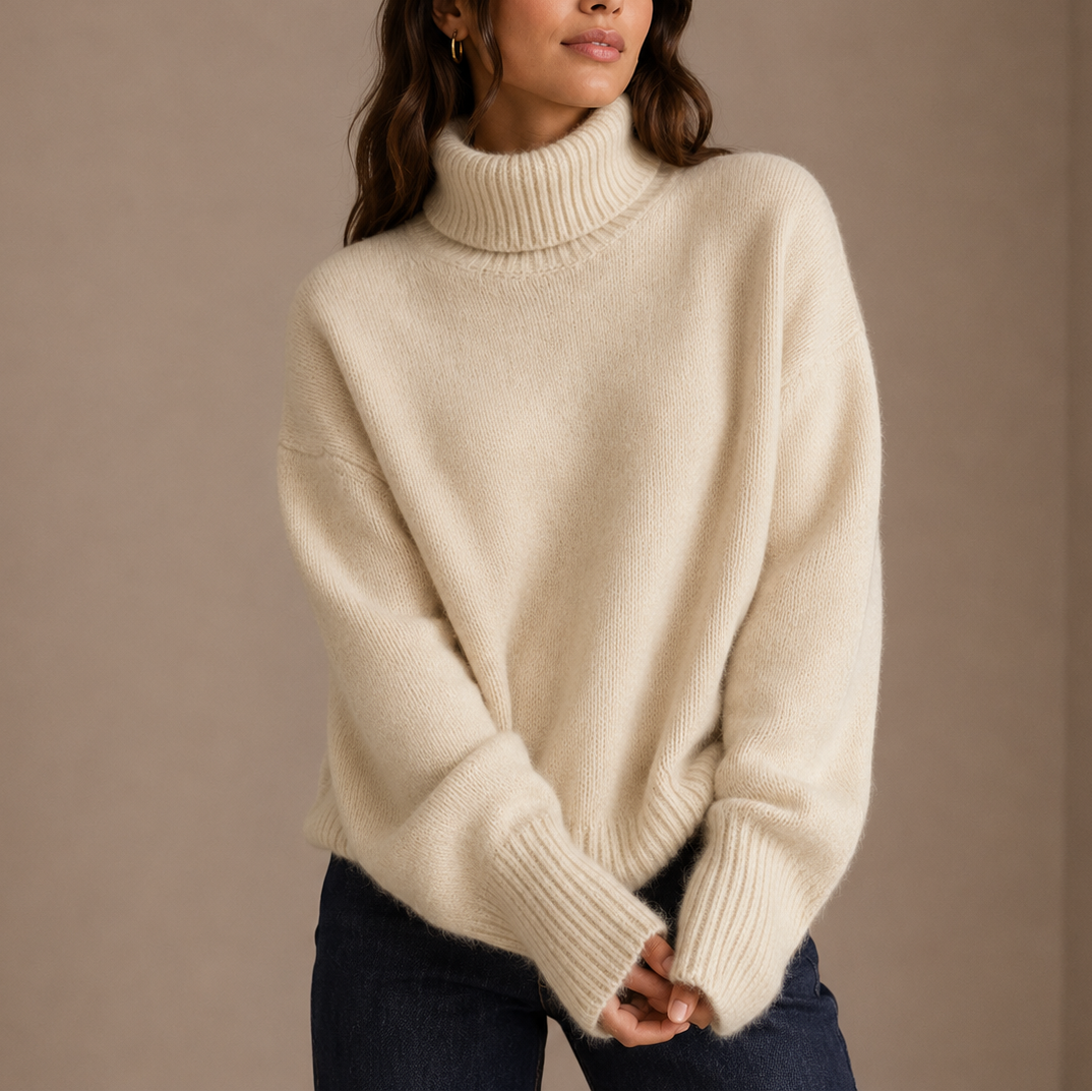 Women's Oversized Turtleneck Sweater, Ribbed Knit – detail