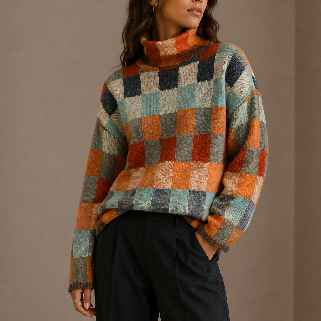 Women's Checkered Turtleneck Sweater, Oversized Knit