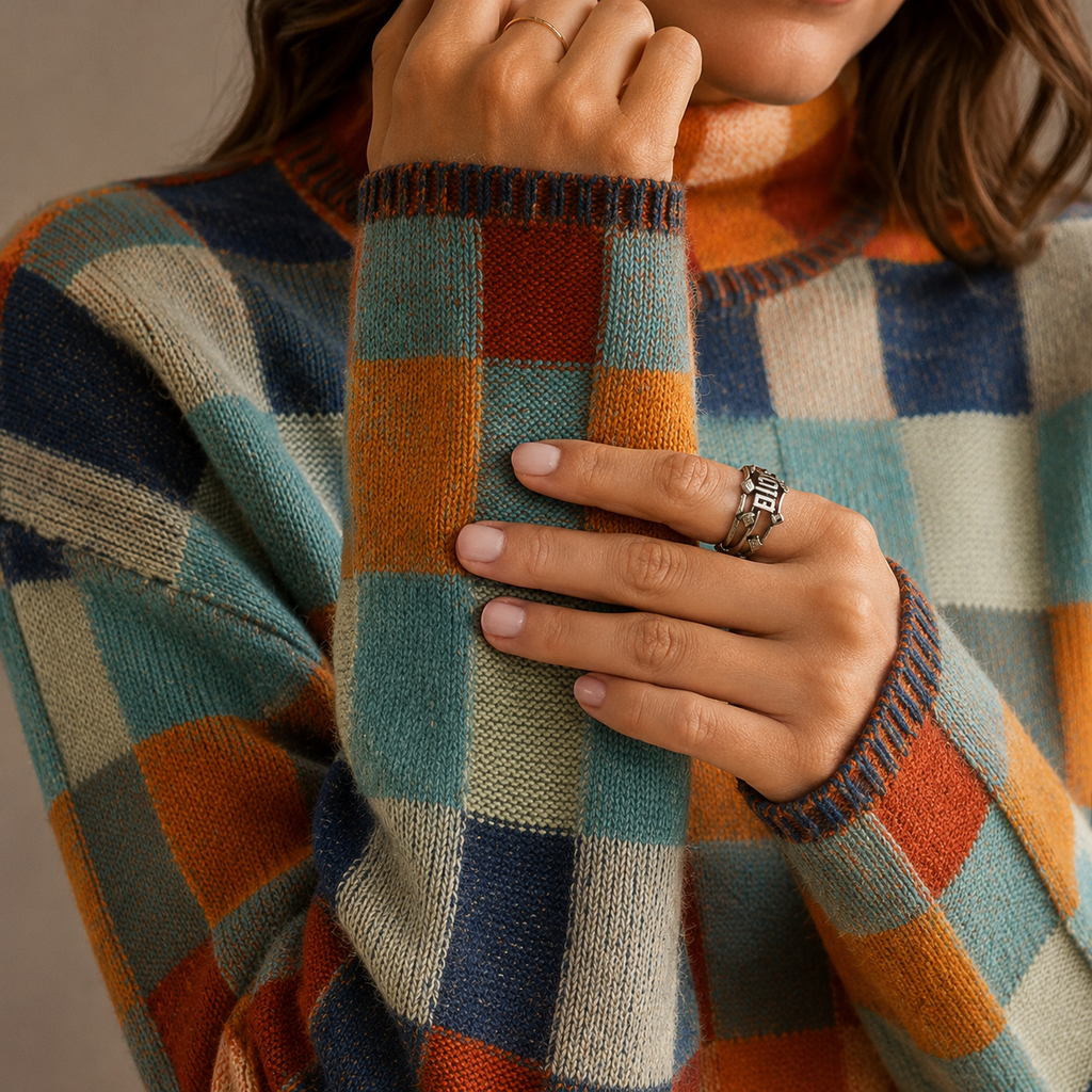 Women's Checkered Turtleneck Sweater, Oversized Knit – detail