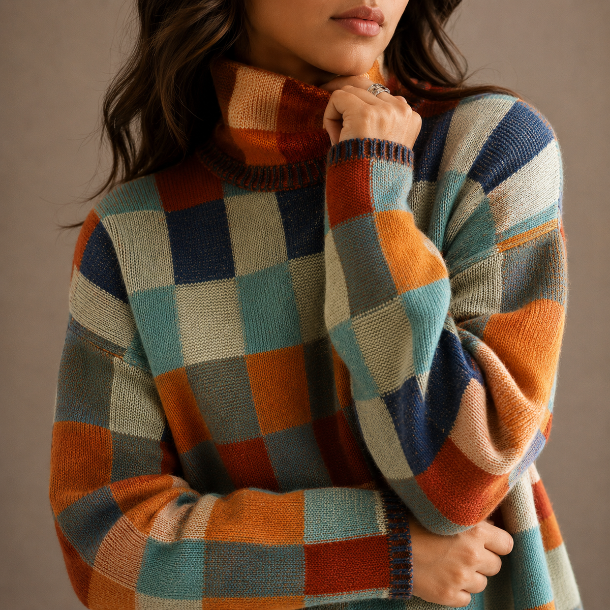 Women's Checkered Turtleneck Sweater, Oversized Knit – view 2