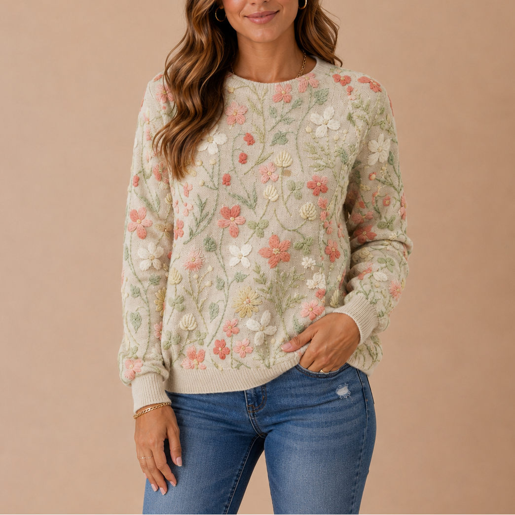 Women's Floral Embroidered Knit Sweater, Crew Neck