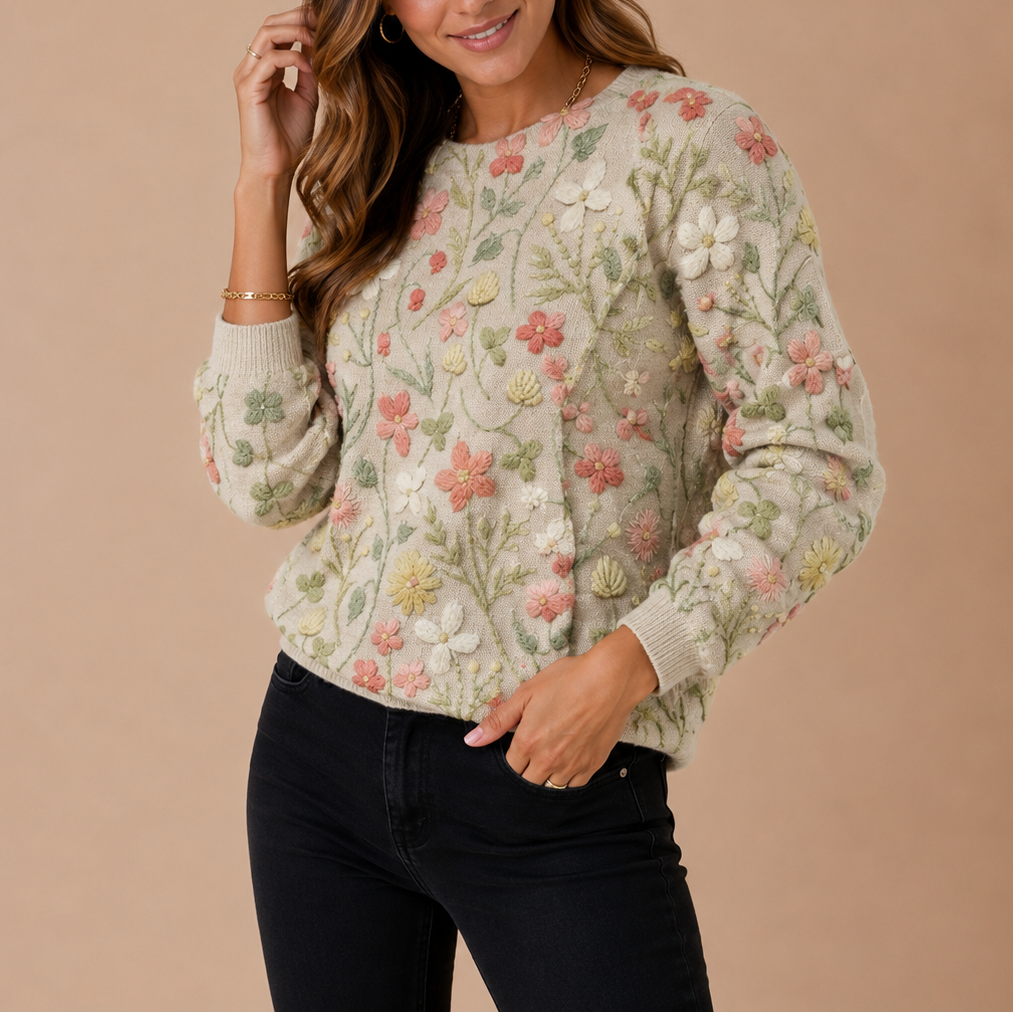 Women's Floral Embroidered Knit Sweater, Crew Neck – detail