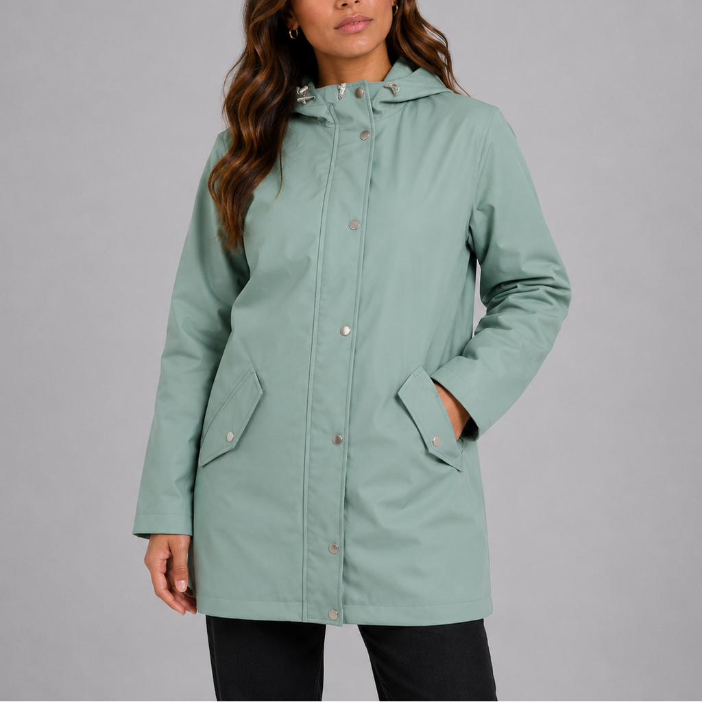 Women's Collarless Lightweight Rain Coat, Snap-Front Longline