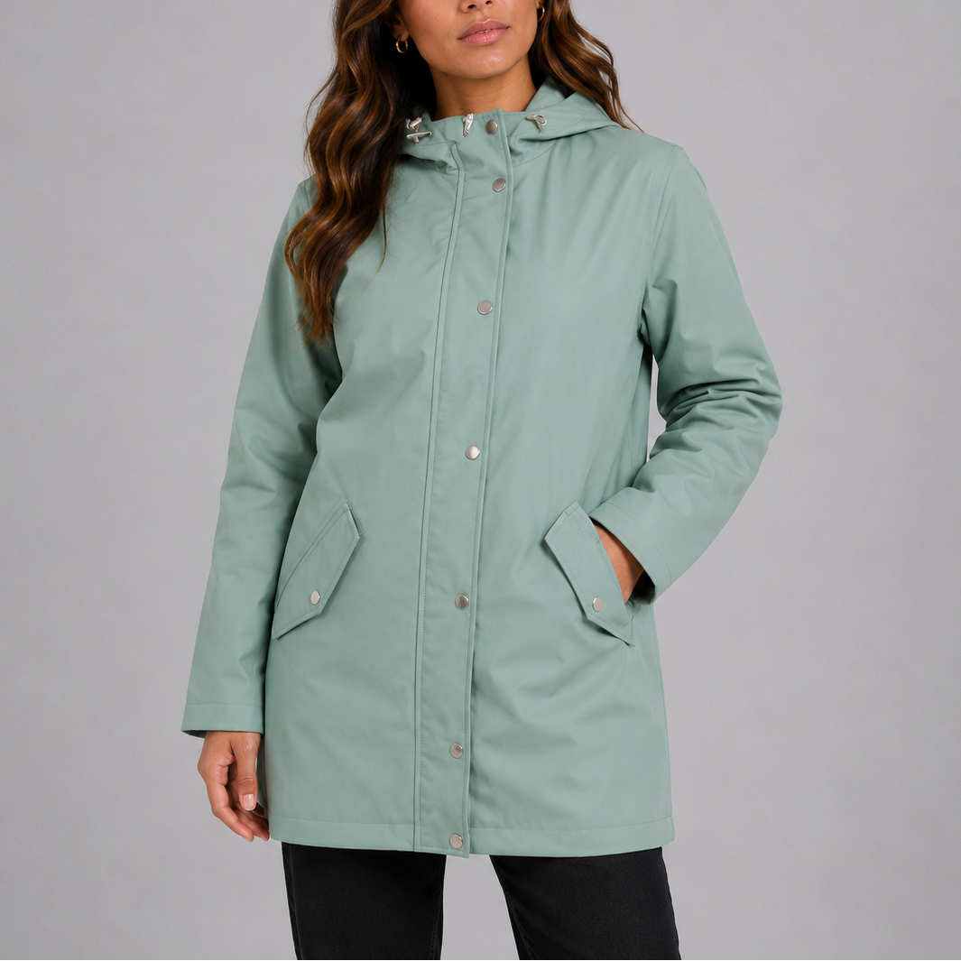 Women's Collarless Lightweight Rain Coat, Snap-Front Longline