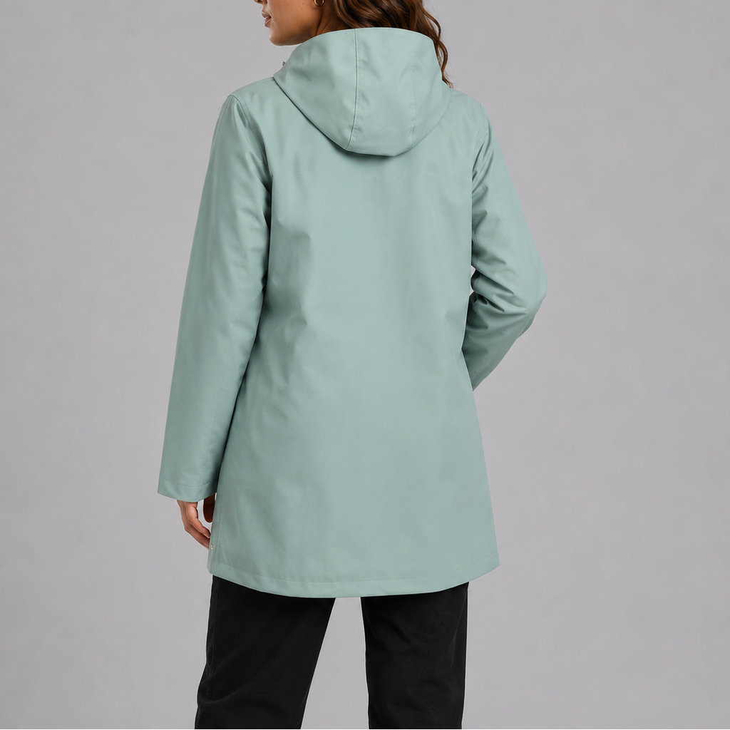 Women's Collarless Lightweight Rain Coat, Snap-Front Longline