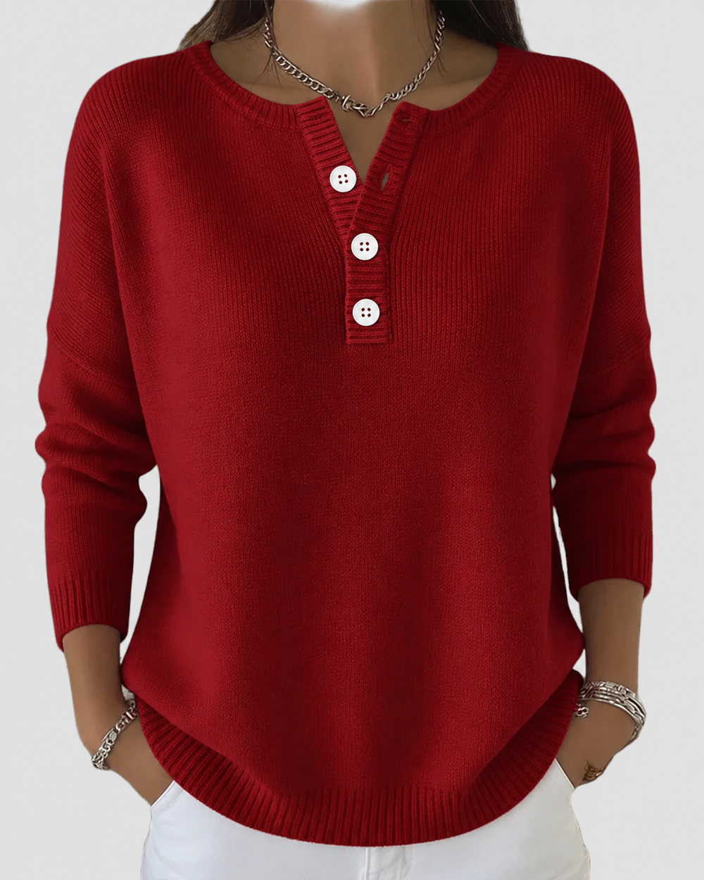 Women's Henley Knit Jumper, Ribbed Cuffs