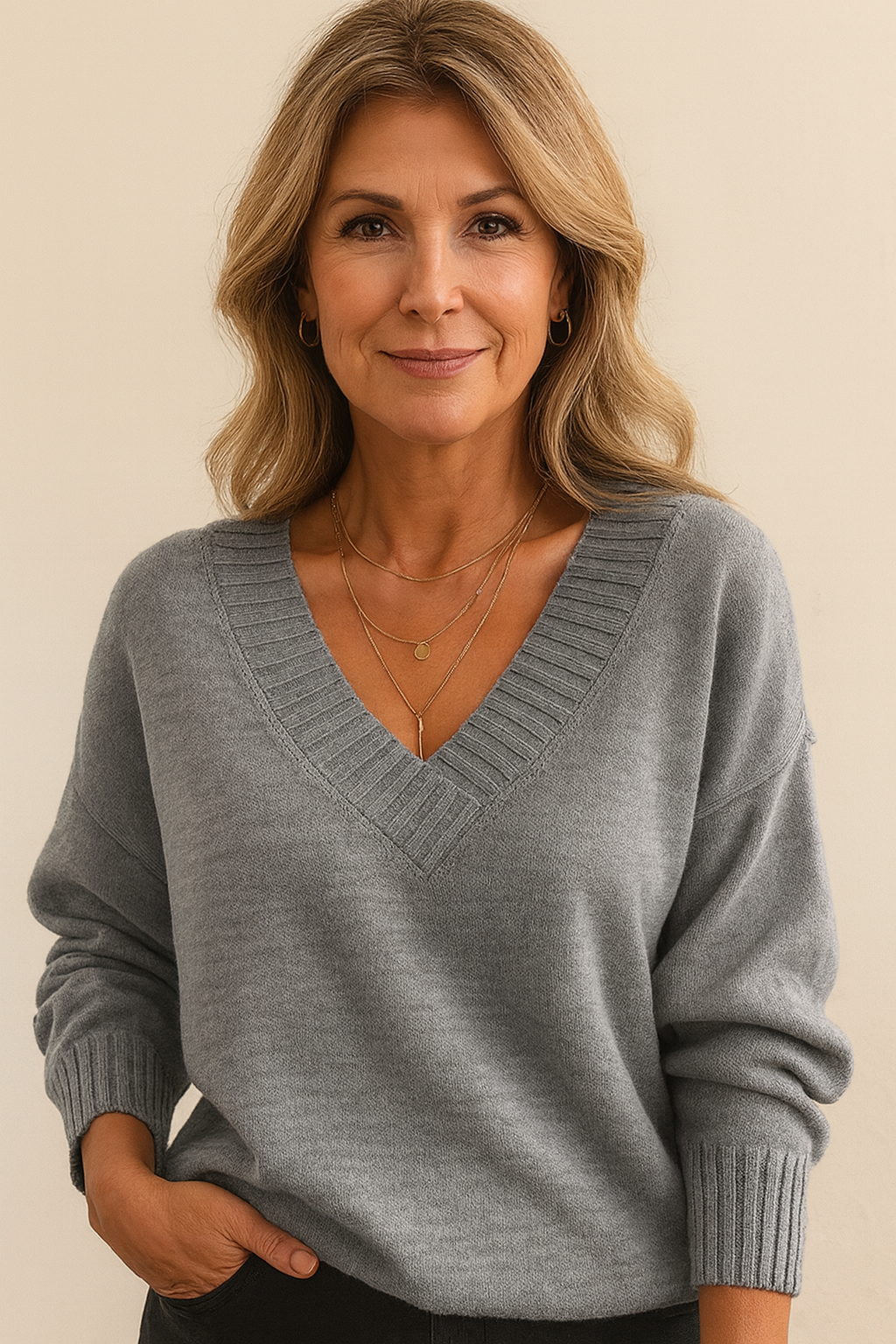 Soft knit V-neck sweater in grey
