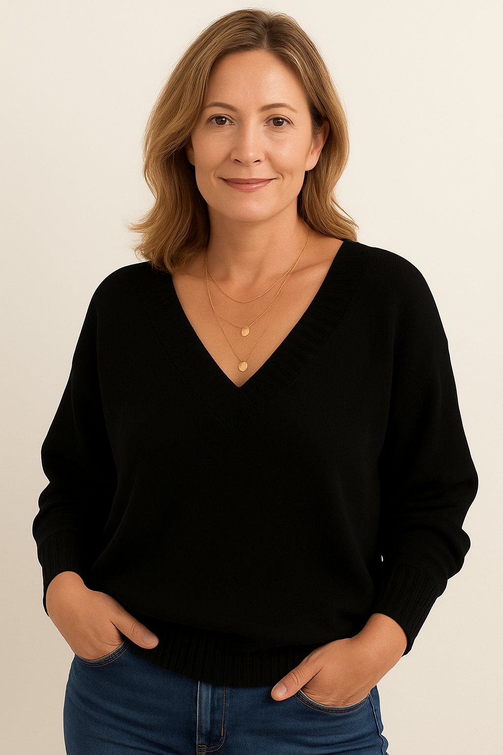 Soft knit V-neck sweater in black