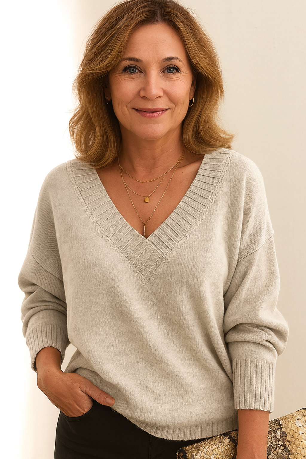 Soft knit V-neck sweater in beige