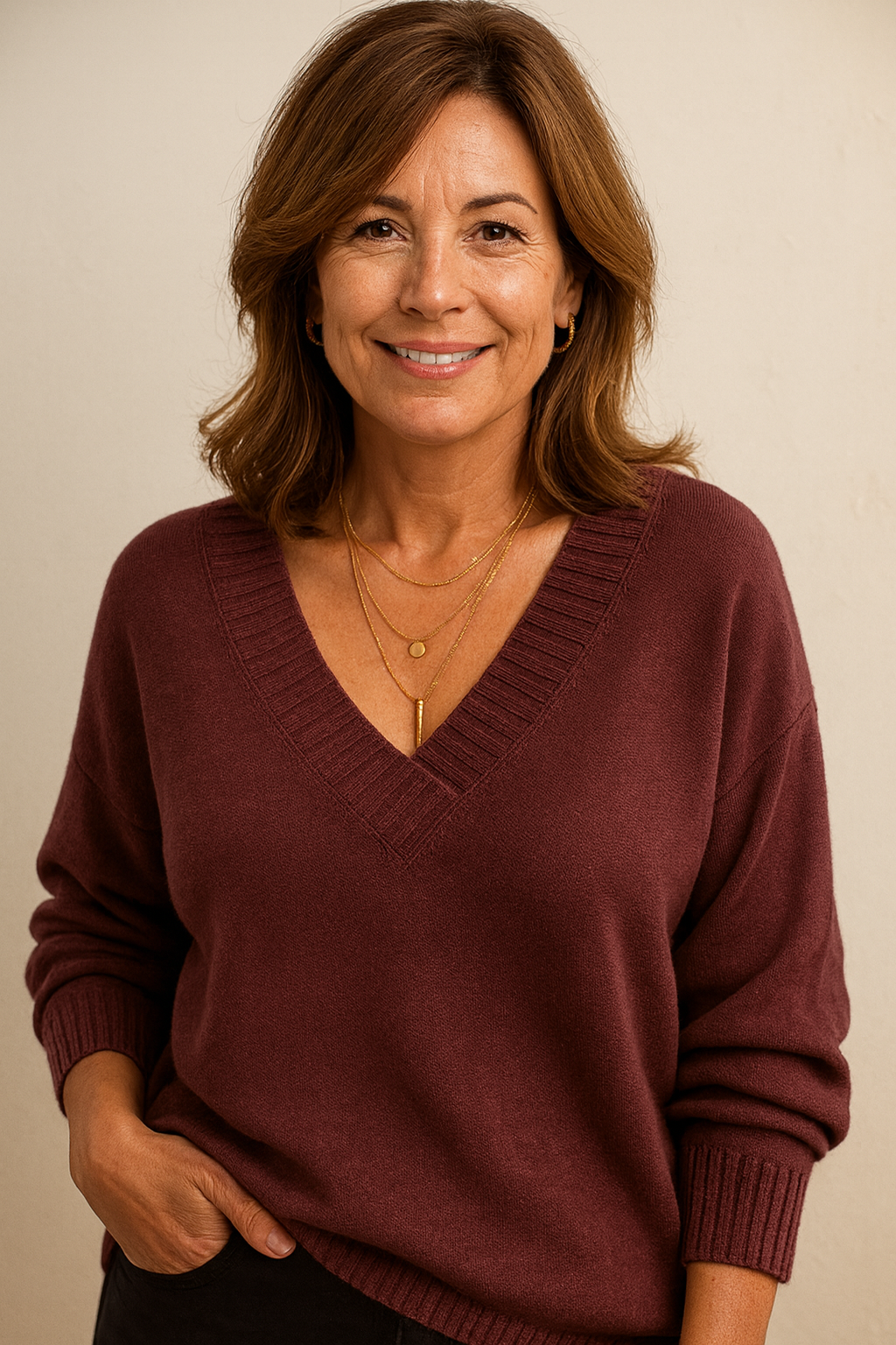 Soft knit V-neck sweater in brown