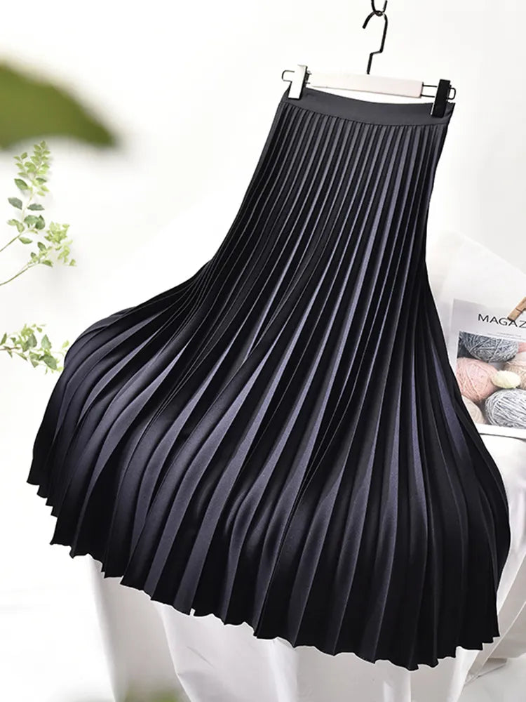 Women's High-Waist Pleated Midi Skirt with Elasticated Waistband