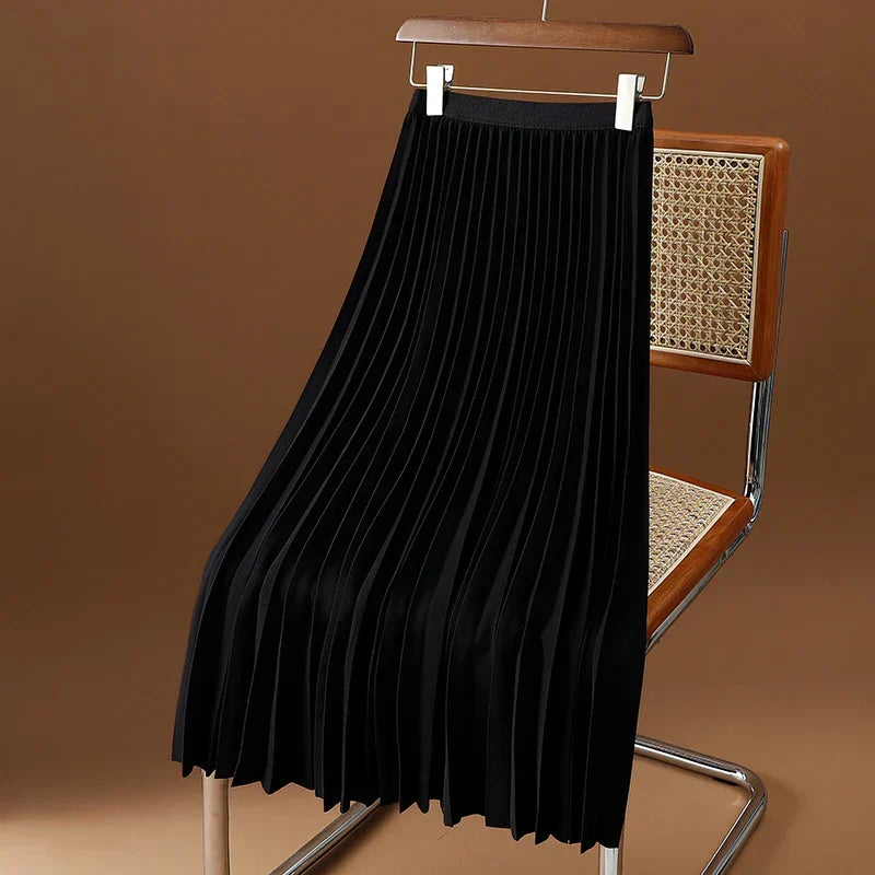 Women's High-Waist Pleated Midi Skirt with Elasticated Waistband