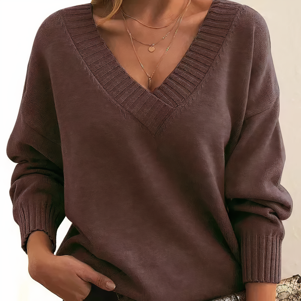 Soft knit V-neck sweater in brown