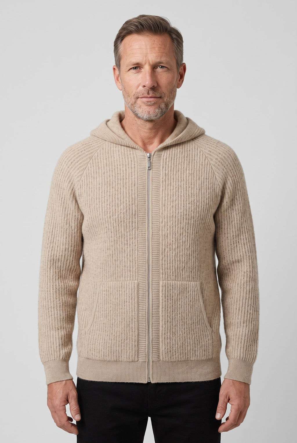 Men's Zip-Up Ribbed Knit Hoodie - Sand