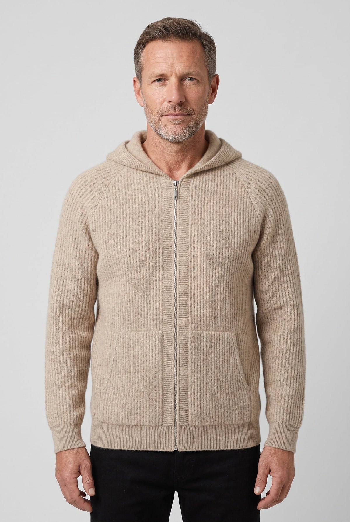 Men's Zip-Up Ribbed Knit Hoodie - Sand