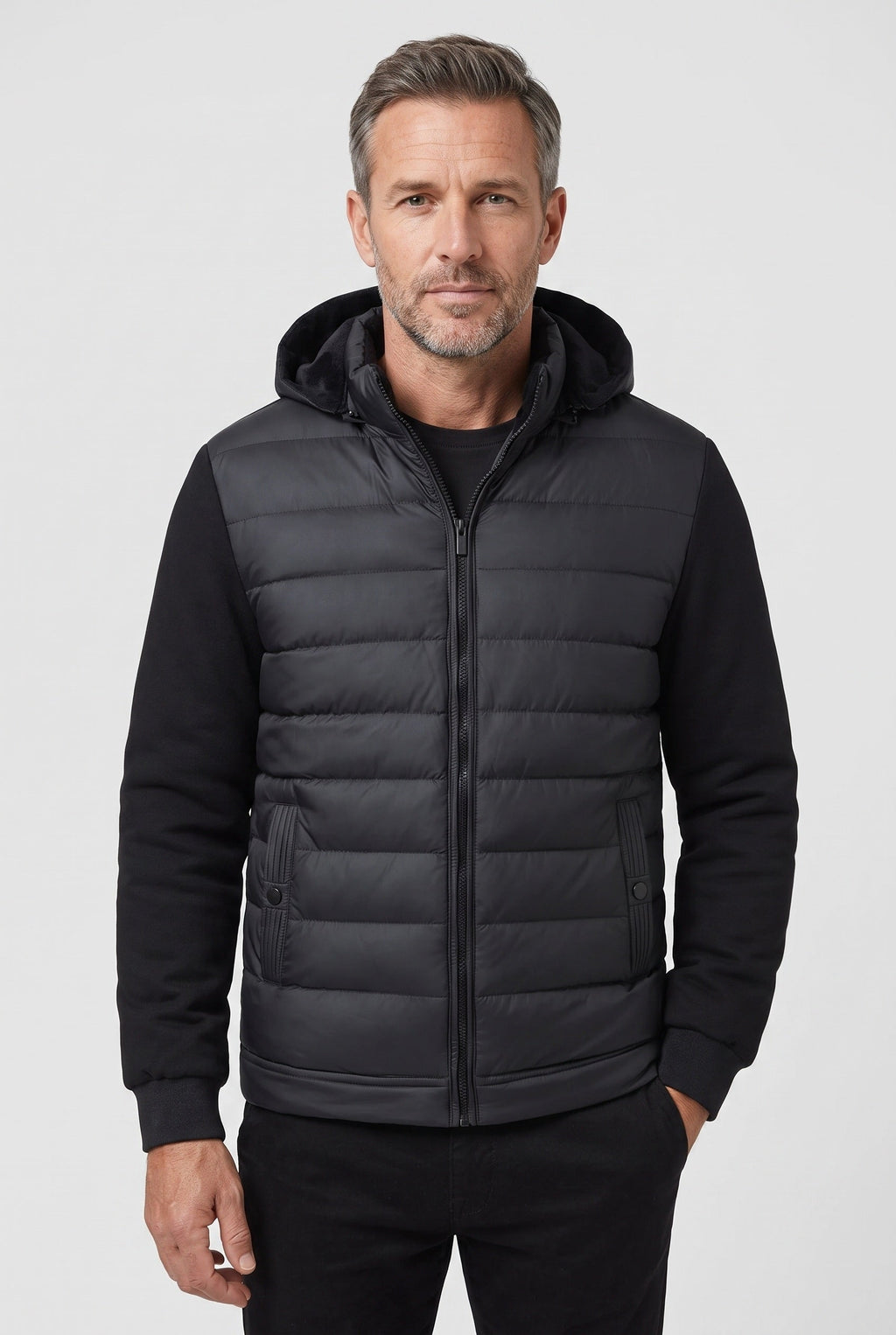 Men's Hooded Quilted Hybrid Jacket, Detachable Hood - Black