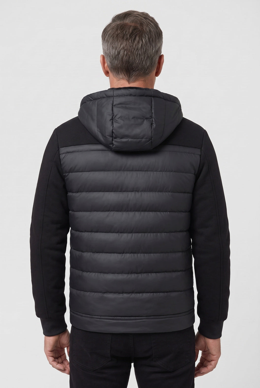 Men's Hooded Quilted Hybrid Jacket, Detachable Hood - back