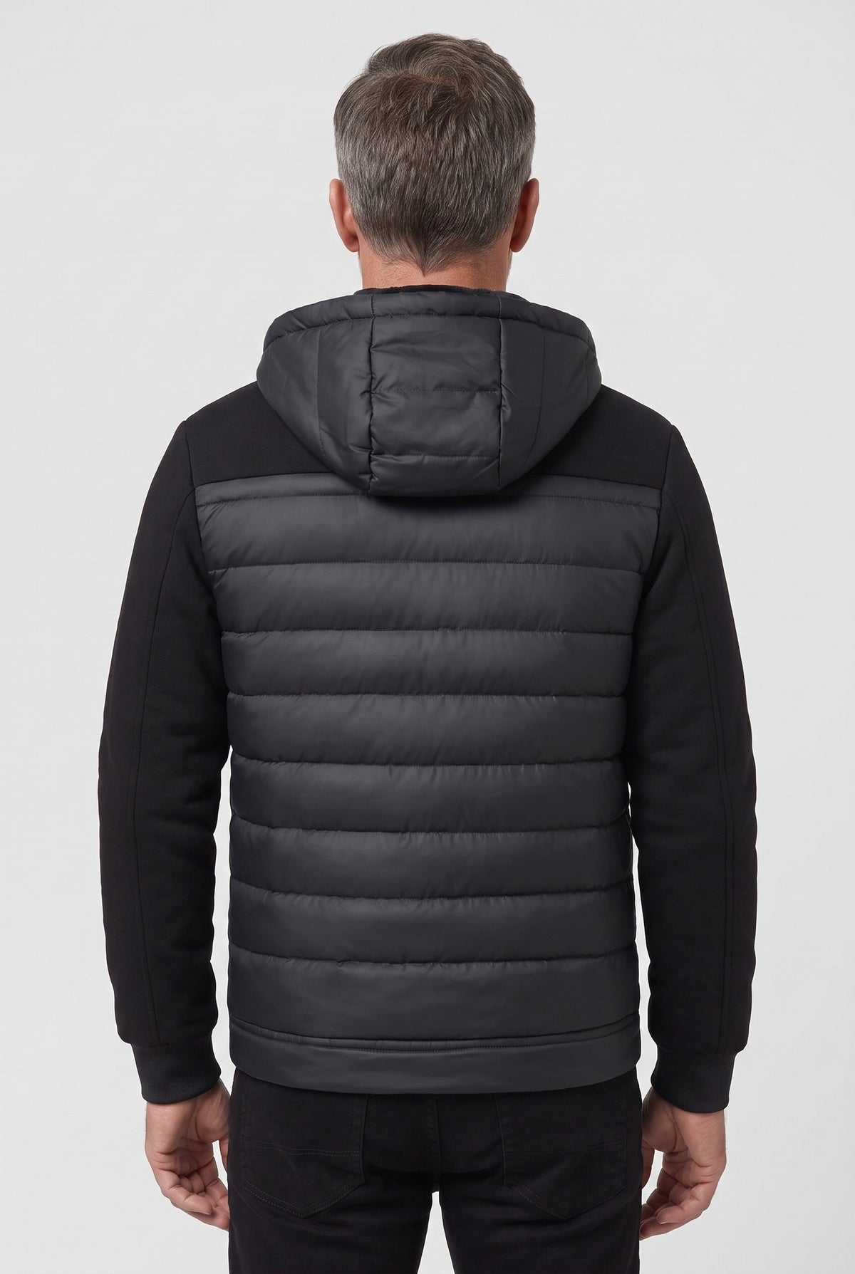Men's Hooded Quilted Hybrid Jacket, Detachable Hood - back
