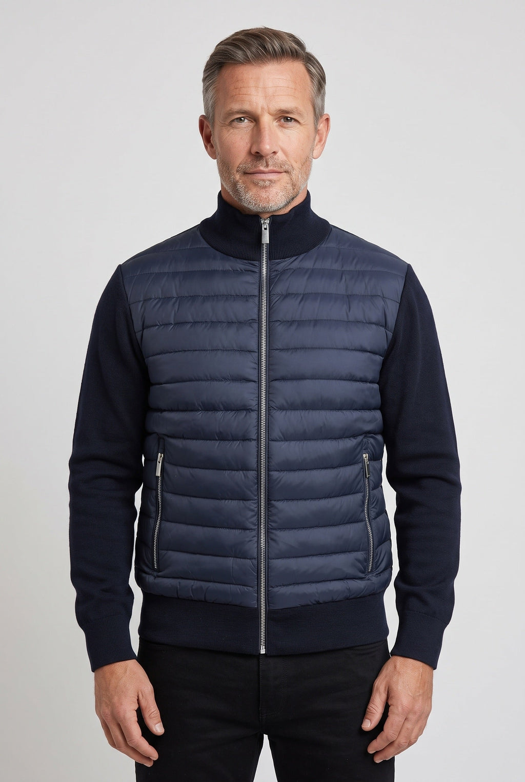 Men's Quilted Hybrid Bomber Jacket, Ribbed Knit Sleeves - Navy Blue