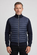 Men's Quilted Hybrid Bomber Jacket, Ribbed Knit Sleeves - Navy Blue