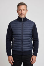 Men's Quilted Hybrid Bomber Jacket, Ribbed Knit Sleeves - Navy Blue