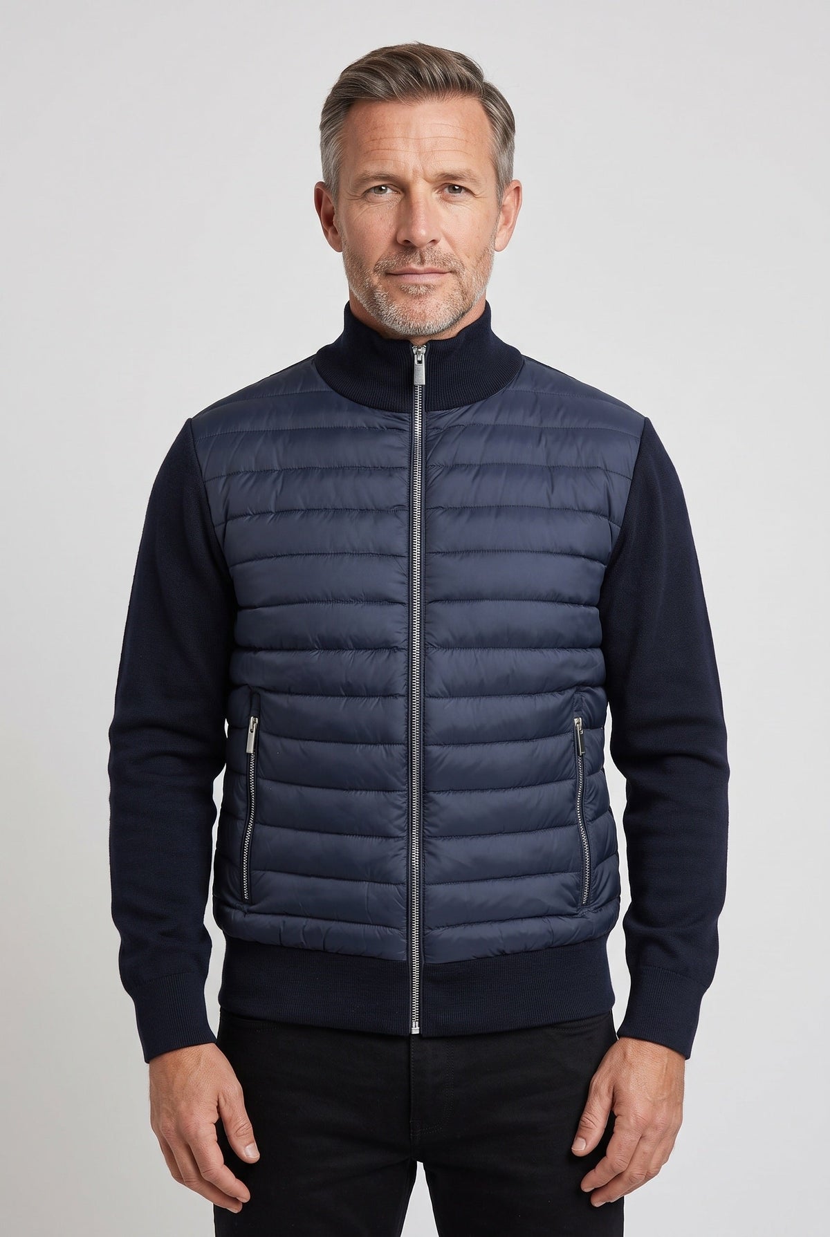 Men's Quilted Hybrid Bomber Jacket, Ribbed Knit Sleeves - Navy Blue