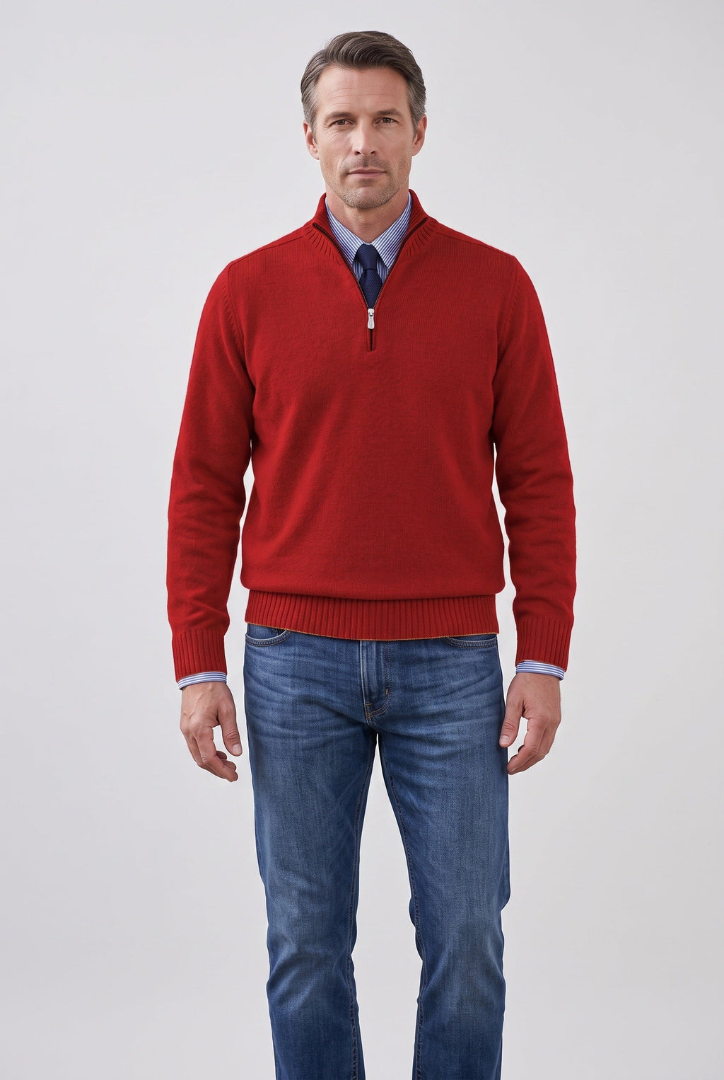 Men's Knitted Sweater, Quarter-Zip Stand Collar - Red