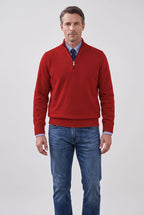 Men's Knitted Sweater, Quarter-Zip Stand Collar - Red