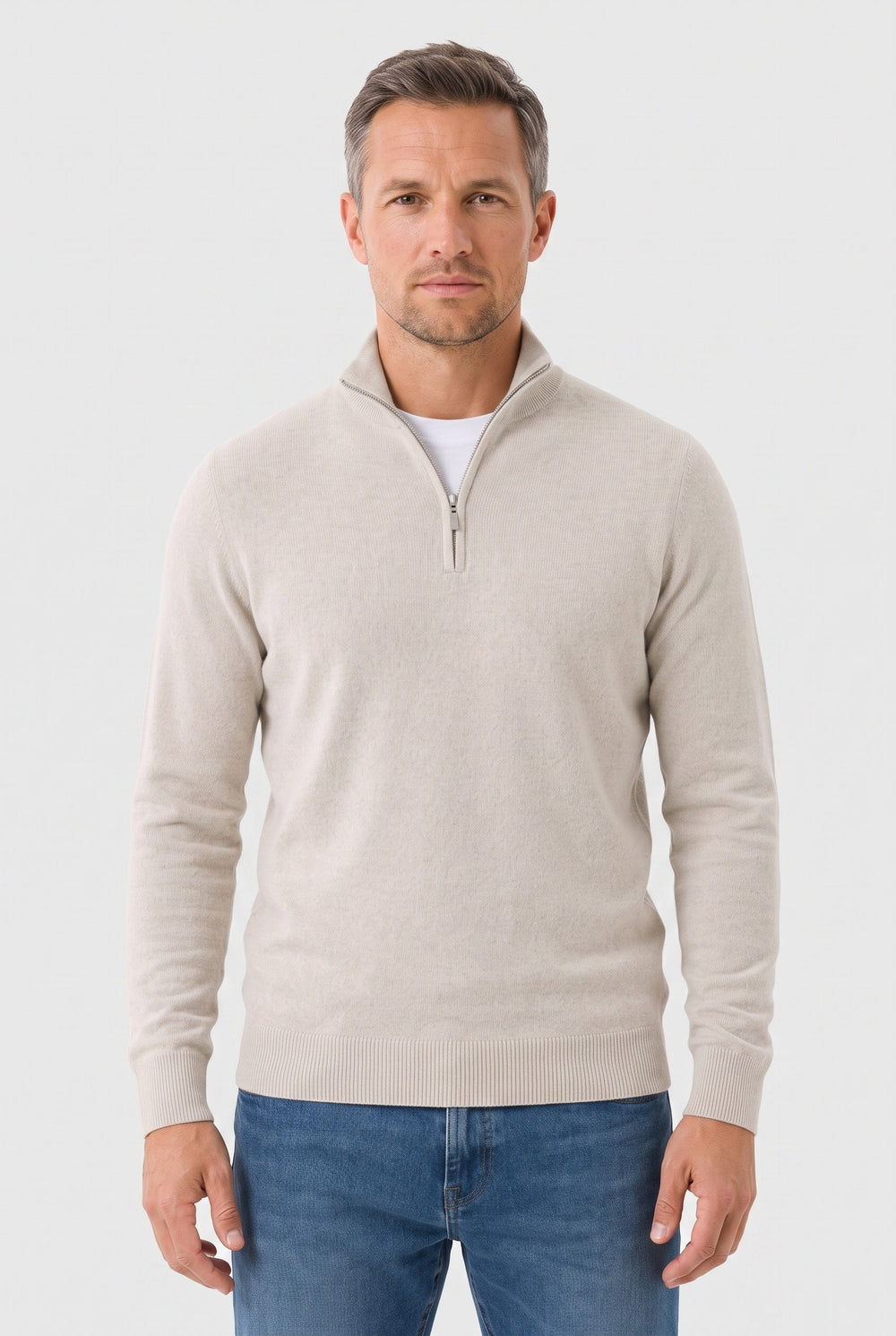Men's Knitted Sweater, Zip Funnel Neck - Beige