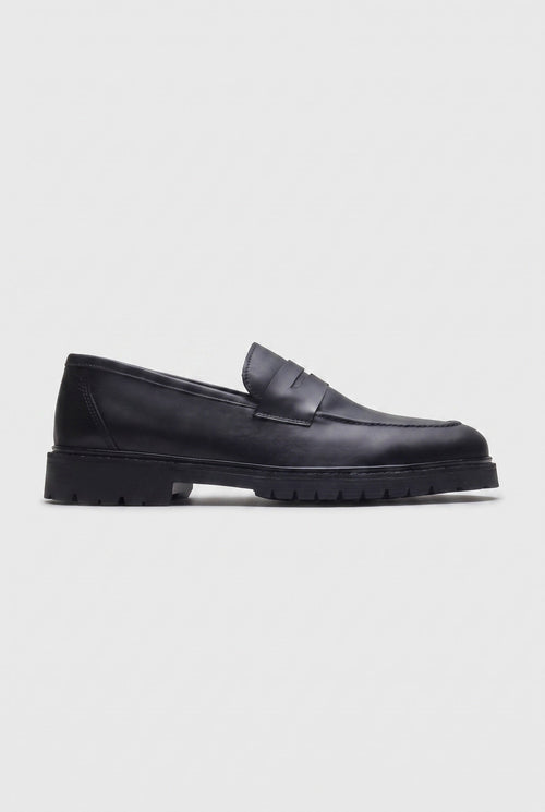 Men's Black Penny Loafers, Chunky Lug Sole