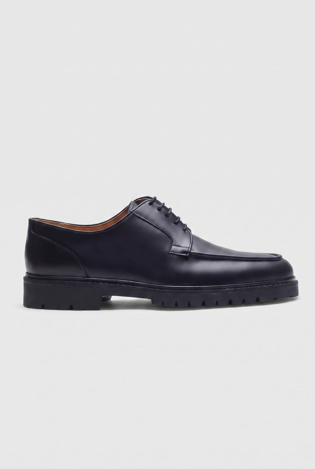 Men's Black Derby Shoes, Apron Toe with Chunky Lug Sole
