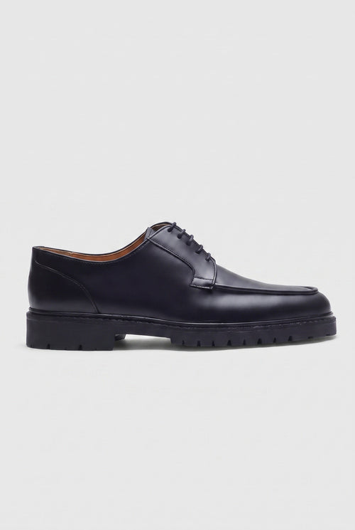 Men's Black Derby Shoes, Apron Toe with Chunky Lug Sole