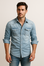 Men's Casual Denim Shirt back view