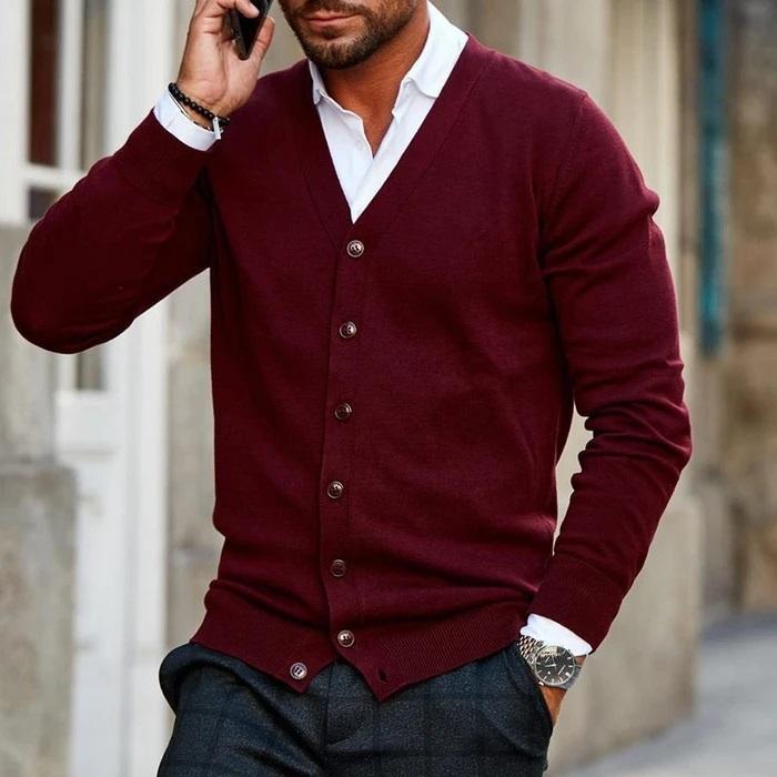 Men's V-Neck Cardigan in Red