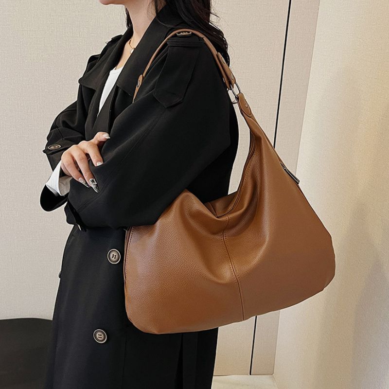 Women's Oversized Leather Hobo Shoulder Bag, Soft Crescent Shape