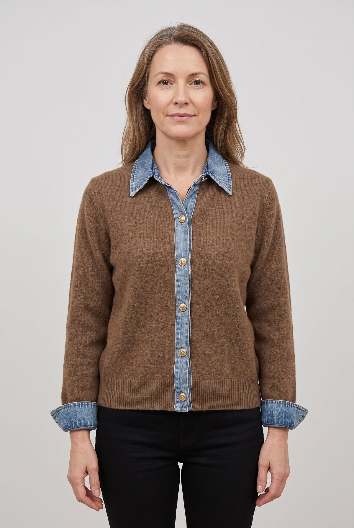 Women's Denim-Look Cardigan, Button-Front Collar in Brown