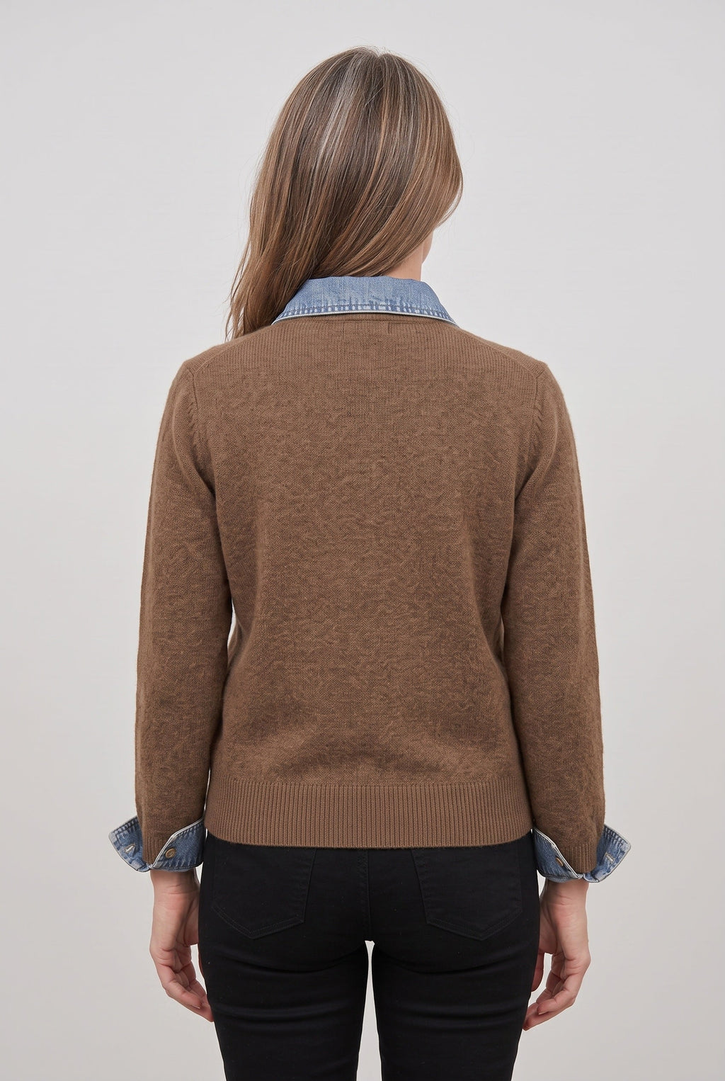 Women's Denim-Look Cardigan in Brown, back view